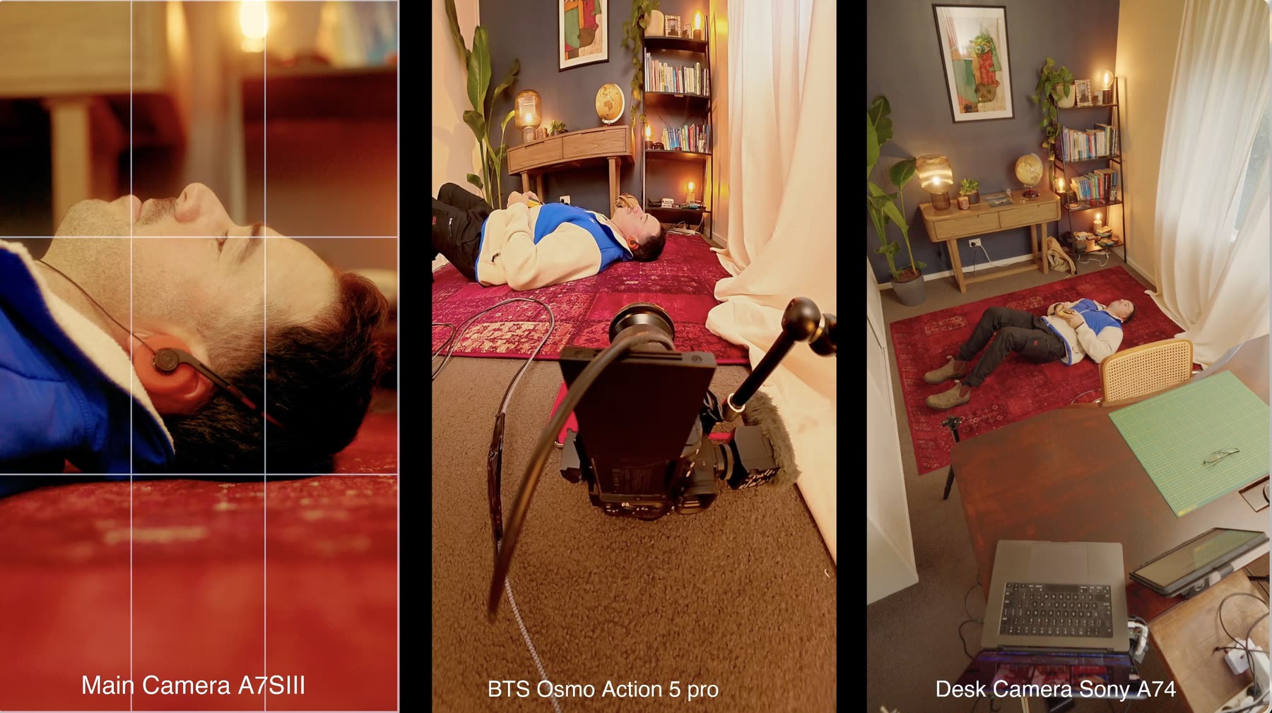 Three camera setup — Main Camera A7SIII, BTS Osmo Action 5 Pro, Desk Camera Sony A74